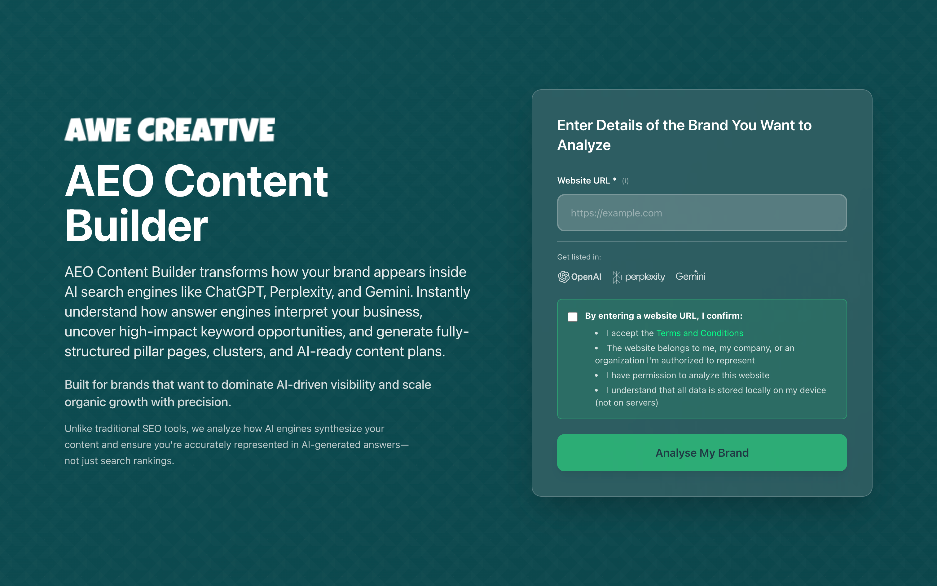 AEO Content Builder Interface - Enter your website URL to get instant AI analysis